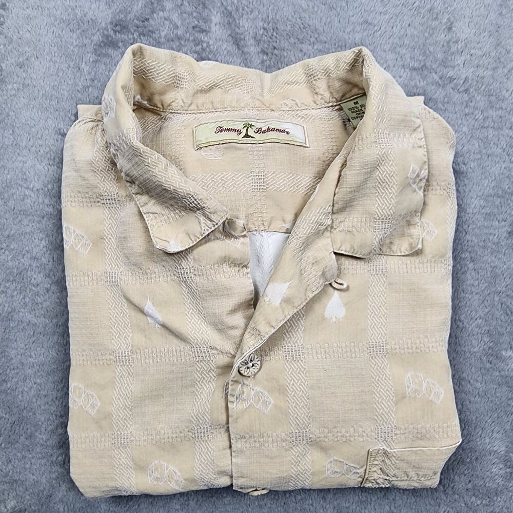 Tommy Bahama Beige Silk Cotton Shirt M Casino Embroidery Poker Chips Cards